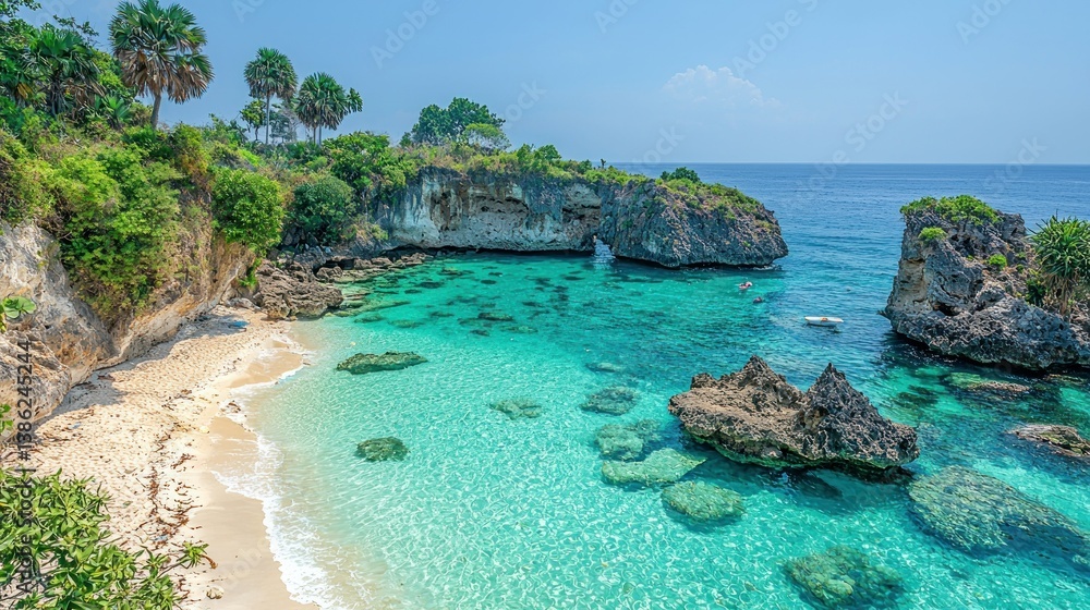 Fototapeta premium Secluded Tropical Beach Paradise: Azure Waters, White Sand, and Dramatic Cliffs