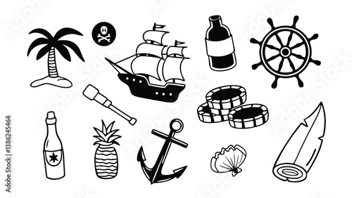 Pirate Adventure & Sea Elements – Hand-Drawn Doodle Vector Set

