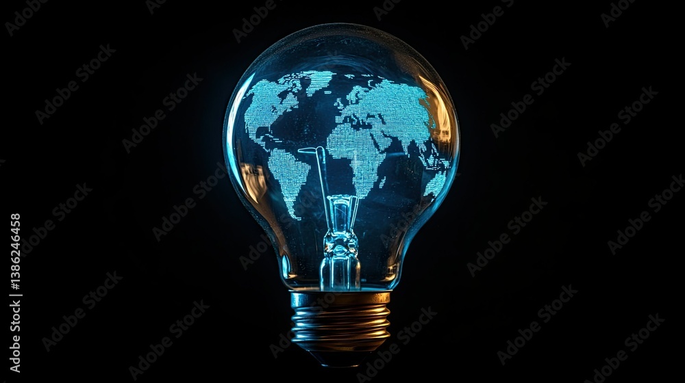 A blue lightbulb with a world map inside glows brightly against a stark black backdrop. --ar 16:9 --style raw --stylize 250 --v 6.1 Job ID: 073dd6ae-4074-4851-bc6a-35c22c3d99be