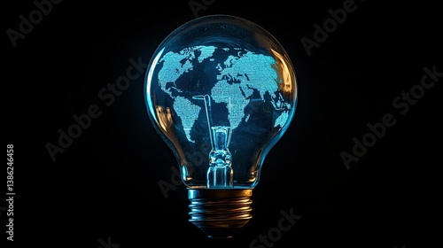 Obraz na płótnie A blue lightbulb with a world map inside glows brightly against a stark black backdrop. --ar 16:9 --style raw --stylize 250 --v 6.1 Job ID: 073dd6ae-4074-4851-bc6a-35c22c3d99be w salonie