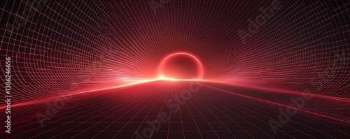 Futuristic vector arcs in layered motion, bold red lines on black gradient background, sharp geometry, abstract depth illusion