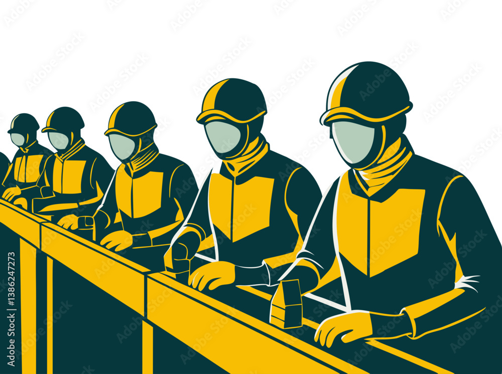 Vector of factory workers operating an automated assembly line, wearing safety helmets and uniforms, isolated on white background.
Vector of factory workers operating an automated assembly line, wearing safety helmets and uniforms, isolated on white background.