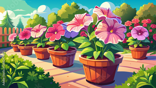 Pink petunia flowers in flowerpots on a background of a garden plot in spring or summer in sunlight.