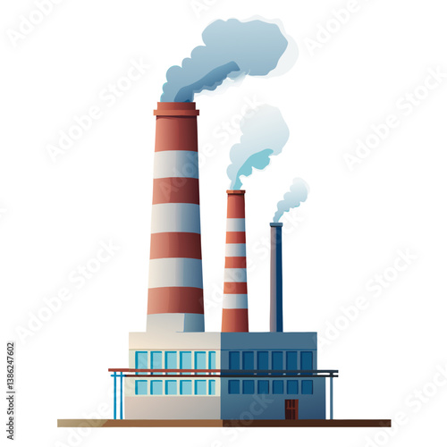  Vector illustration of a factory chimney emitting smoke, minimal style, isolated on white background.
