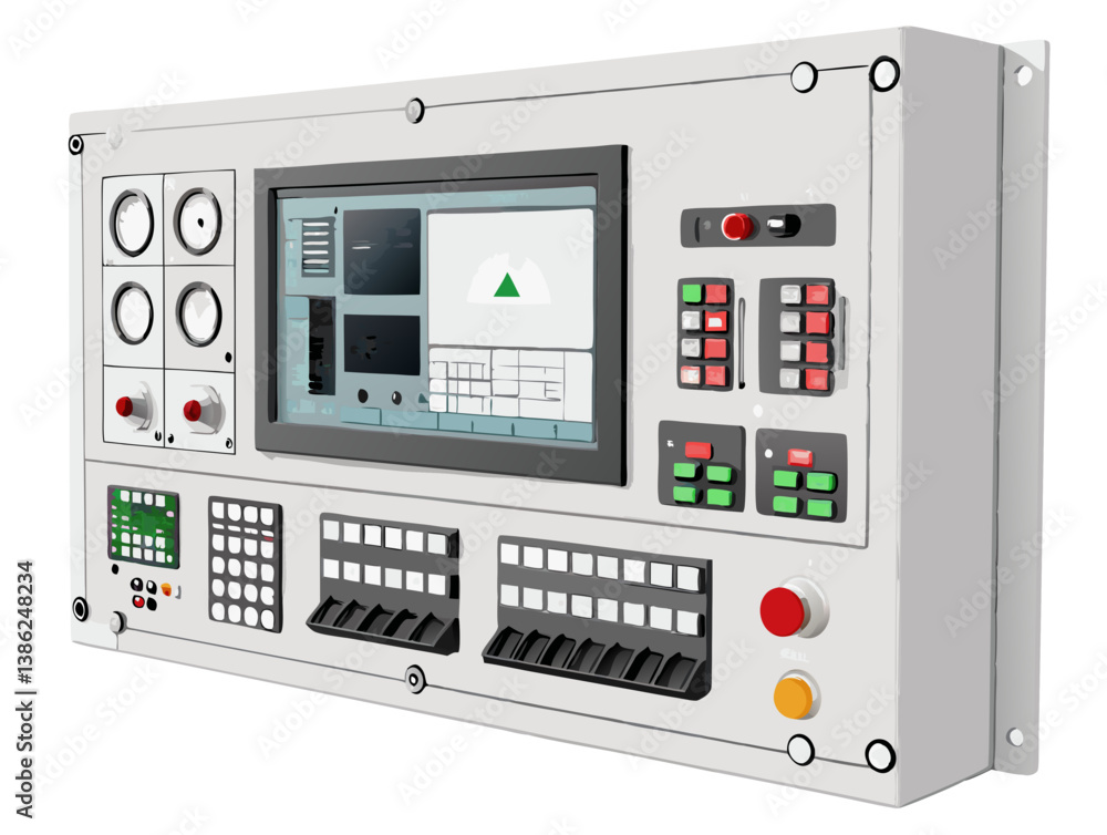 Vector of a digital industrial control panel with screens, buttons, and gauges, isolated on white background.
Vector of a digital industrial control panel with screens, buttons, and gauges, isolated on white background.
