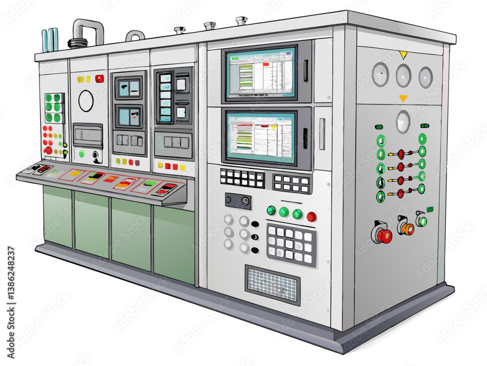 Vector of a digital industrial control panel with screens, buttons, and gauges, isolated on white background.
Vector of a digital industrial control panel with screens, buttons, and gauges, isolated on white background.