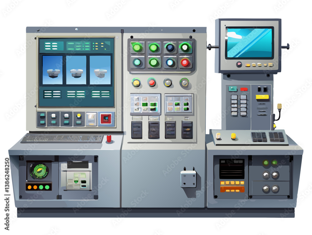 Vector of a digital industrial control panel with screens, buttons, and gauges, isolated on white background.
Vector of a digital industrial control panel with screens, buttons, and gauges, isolated on white background.