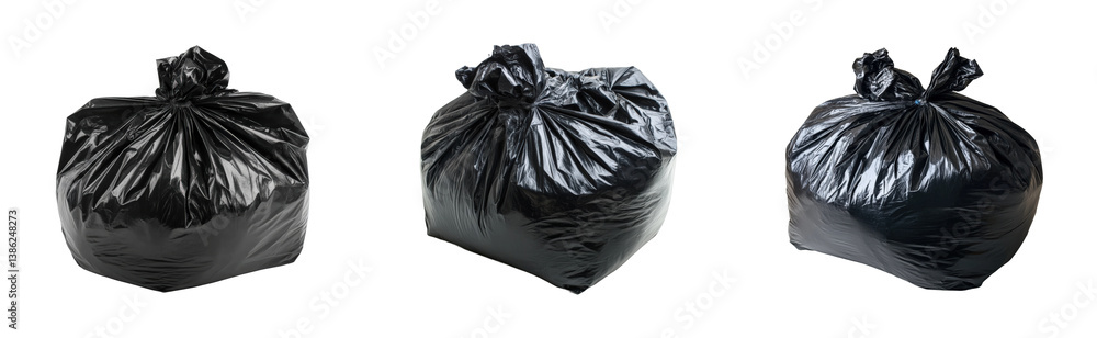 Three black garbage bags, tied and filled. Set png cut out Three black garbage bags, tied and filled. Set png cut out