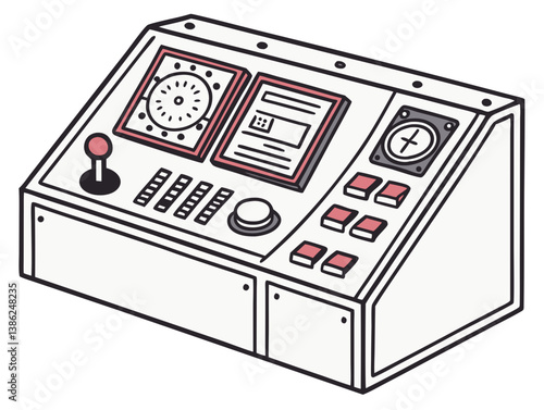  Vector of a digital industrial control panel with screens, buttons, and gauges, isolated on white background.
