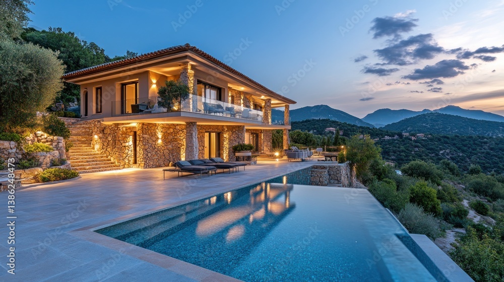 Fototapeta premium Luxury Villa with Infinity Pool and Mountain Views at Dusk