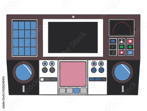  Vector of a digital industrial control panel with screens, buttons, and gauges, isolated on white background.
