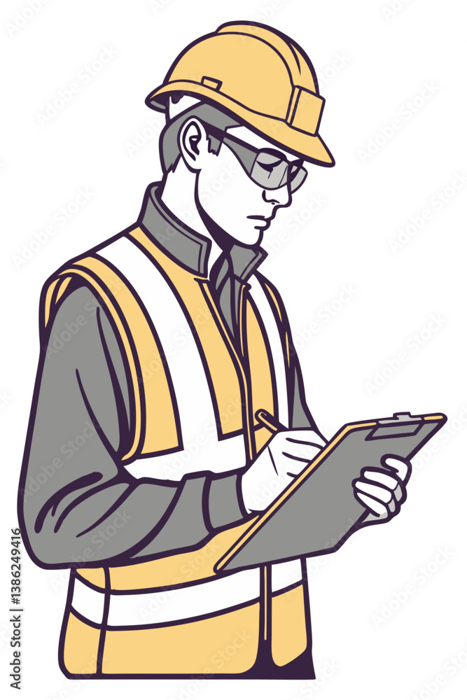  Vector of an industrial worker wearing a hard hat, vest, and safety glasses, holding a clipboard, isolated on white background.
