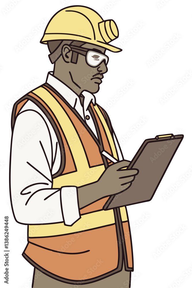 Vector of an industrial worker wearing a hard hat, vest, and safety glasses, holding a clipboard, isolated on white background.
Vector of an industrial worker wearing a hard hat, vest, and safety glasses, holding a clipboard, isolated on white background.