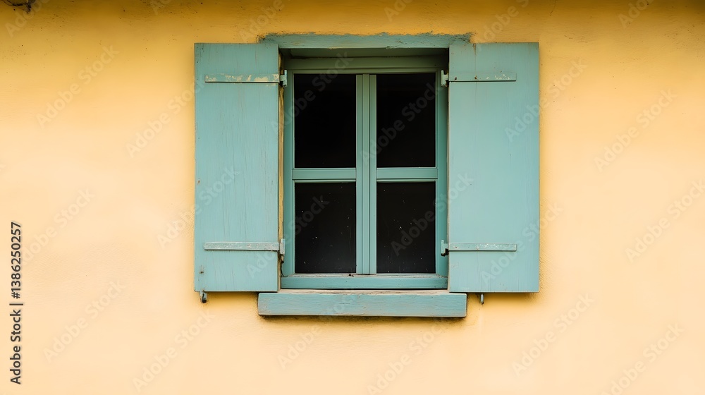 Pastel Green Window Shutters on Yellow Wall Pastel Green Window Shutters on Yellow Wall