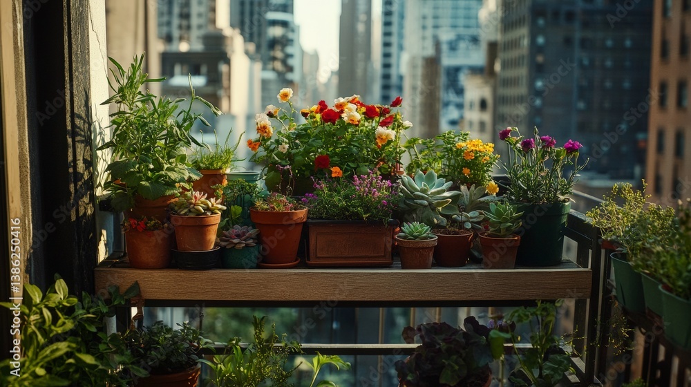 Fototapeta premium Urban balcony garden with colorful flowers and succulents in cityscape