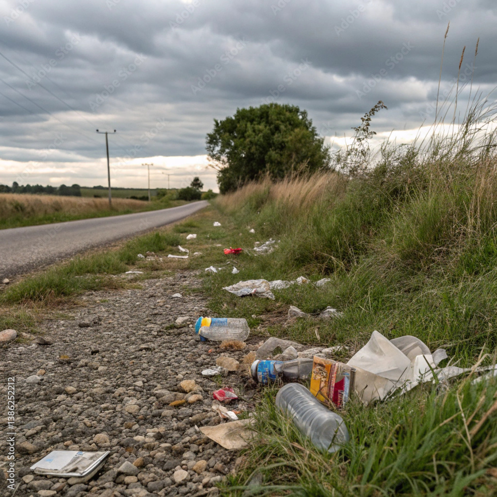 Fototapeta premium Generative AI illustration of a garbage scattered on the side of a rural road, with plastic bottles, food wrappers, and old paper debris lying among overgrown grass and gravel, under a cloudy sky.