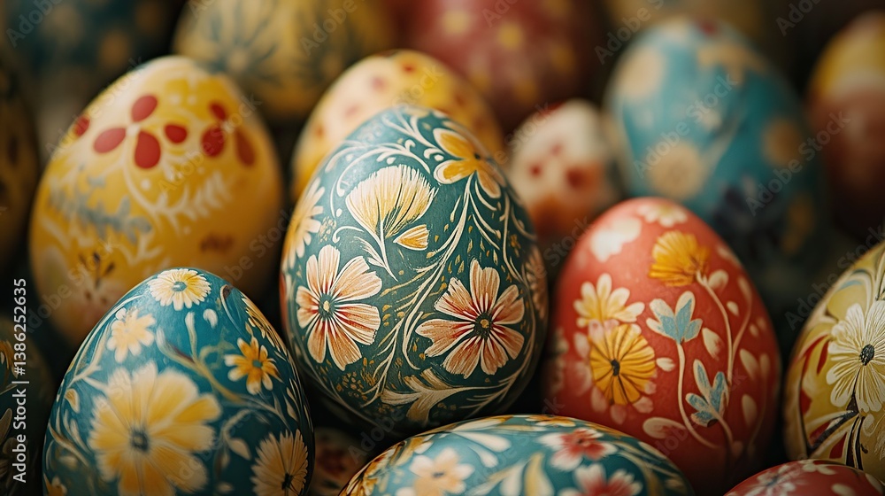 Elegant painted eggs: A vibrant display of floral artistry on holiday treats, full of color and spring cheer. Elegant painted eggs: A vibrant display of floral artistry on holiday treats, full of color and spring cheer.
