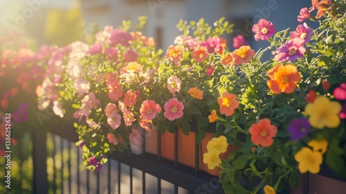 Wallpaper Mural Vibrant blossoms in sunlit garden with colorful petunias on a fence Torontodigital.ca