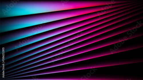 Vibrant sharp diagonal rays in glowing intensity neon colors slice through the darkness. Futuristic linear composition of radiant gradient waves full of depth and energy for modern visual art project