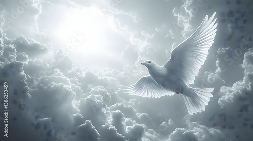 A white dove soars gracefully through a sky filled with dramatic clouds and sunlight