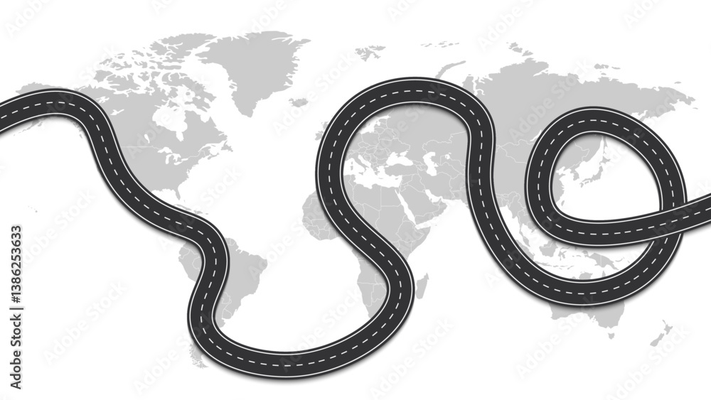 Obraz premium Travel around the world. World map car Automobile road through the whole world map. Asphalt road template. Highway road background. Vector illustration.