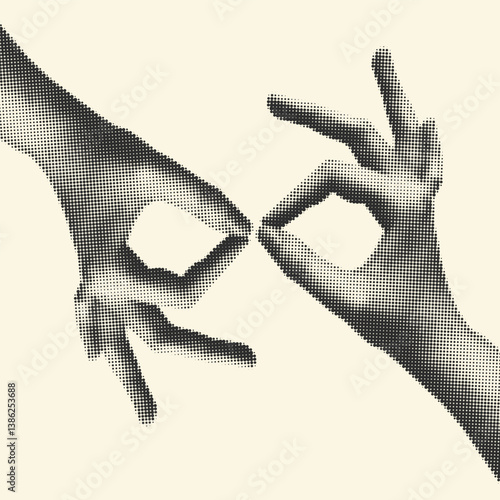 A vintage halftone illustration of two hands symmetrically positioned to create glasses shape, evoking artistic and conceptual design. .
