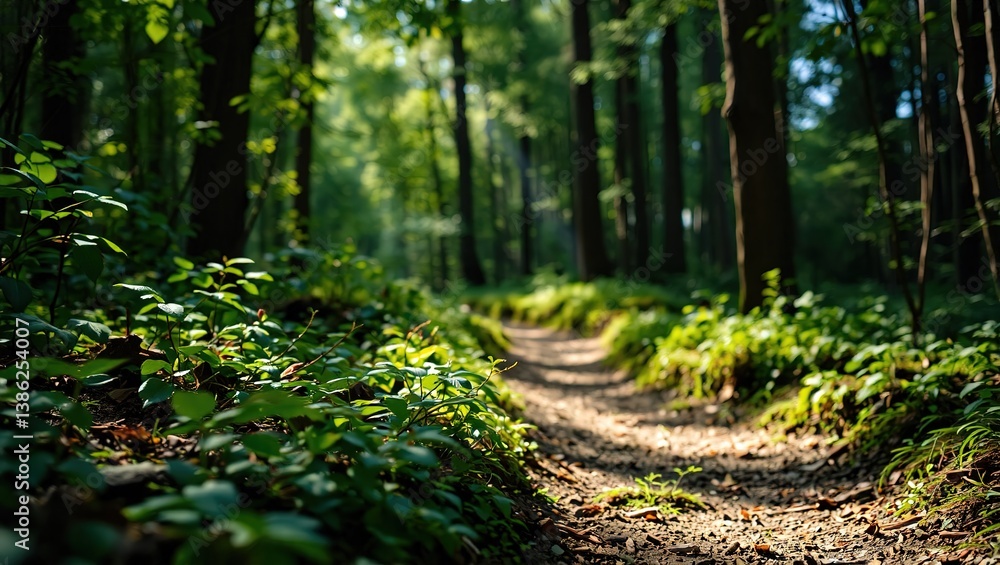 Fototapeta premium Enchanting Forest Path: Sunlight Filters Through Lush Trees, Natural Beauty