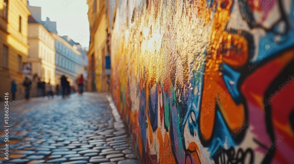 Fototapeta premium Vibrant graffiti on sunlit cobblestone alley in urban setting