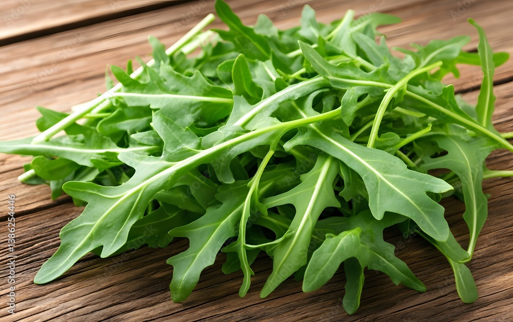 Fresh Green Rocket Arugula Salad Leaves on Rustic Wood Fresh Green Rocket Arugula Salad Leaves on Rustic Wood