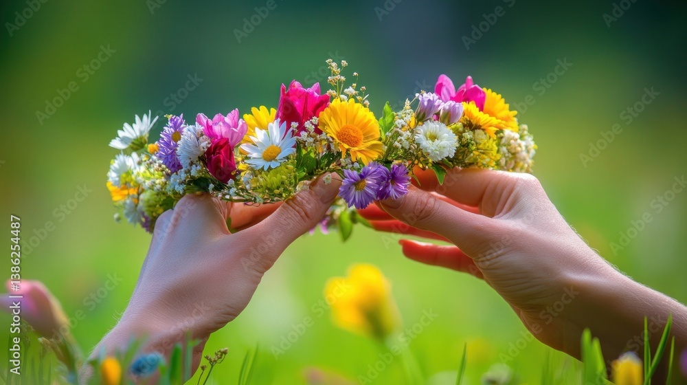 Hands holding colorful flower crown in meadow Hands holding colorful flower crown in meadow