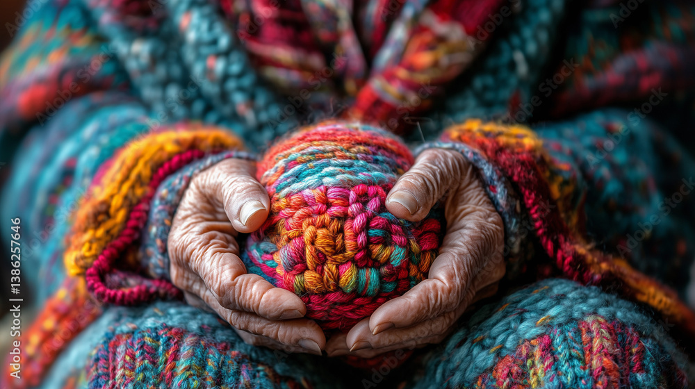 Elderly person holding a colorful knitted ball while seated in a cozy setting during autumn wallpaper, background, generated by AI Elderly person holding a colorful knitted ball while seated in a cozy setting during autumn wallpaper, background, generated by AI