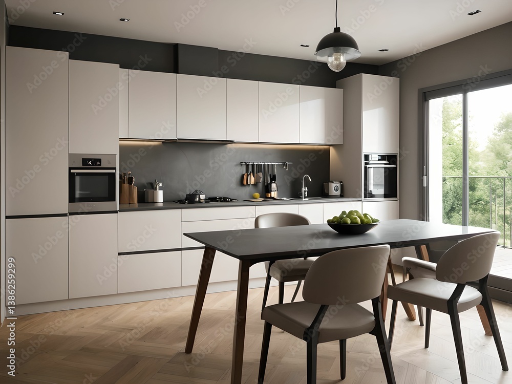 Fototapeta premium Wallpaper depicting a modern, very functional and spacious kitchen.