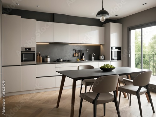 Wallpaper depicting a modern, very functional and spacious kitchen.