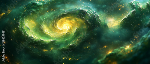 Swirling green galaxy with radiant stars in a cosmic landscape filled with swirling clouds wallpaper, background, generated by AI  