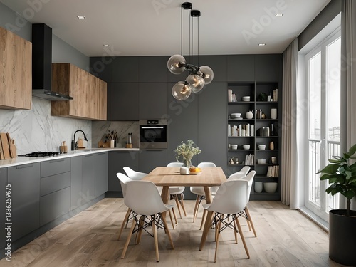 Wallpaper depicting a modern, very functional and spacious kitchen.