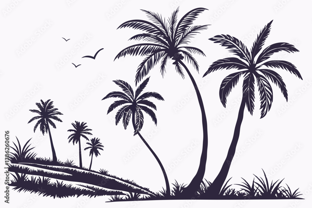 Silhouette Palm Trees Tropical Beach Scene Illustration Silhouette Palm Trees Tropical Beach Scene Illustration