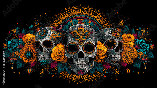 Vector Dia de Los Muertos, Day of the Dead or Mexico Halloween. The main symbols of the holiday on the dark background. Day of the dead.