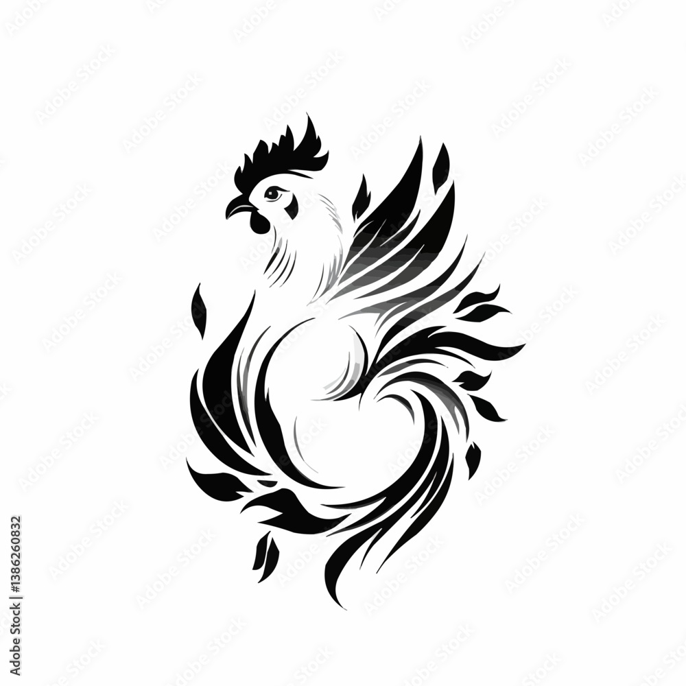 Obraz premium Stylized Rooster with Flowing Feather Designs in Black and White