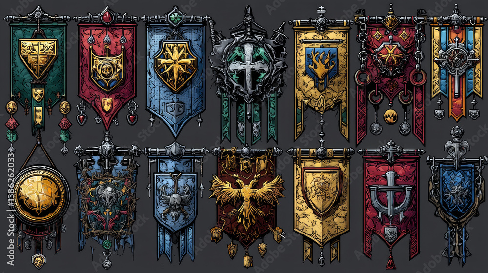 Obraz premium Game icons of medieval banner flags with symbols. Vector illustration.