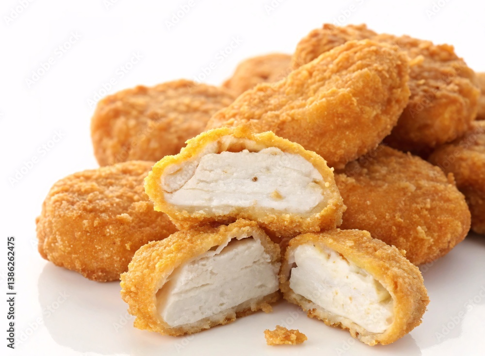 Golden-Brown Crispy Chicken Nuggets with Juicy White Meat Inside Showcasing a Classic Finger Food Favorite Golden-Brown Crispy Chicken Nuggets with Juicy White Meat Inside Showcasing a Classic Finger Food Favorite