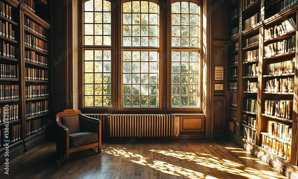 Sunlight streaming through window in quiet library room filled with books
Sunlight streaming through window in quiet library room filled with books