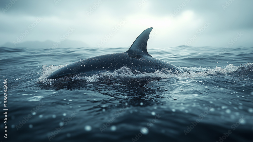 Fototapeta premium Incredible sight of a shark fin breaking the surface of the ocean under a cloudy sky wallpaper, background, generated AI 