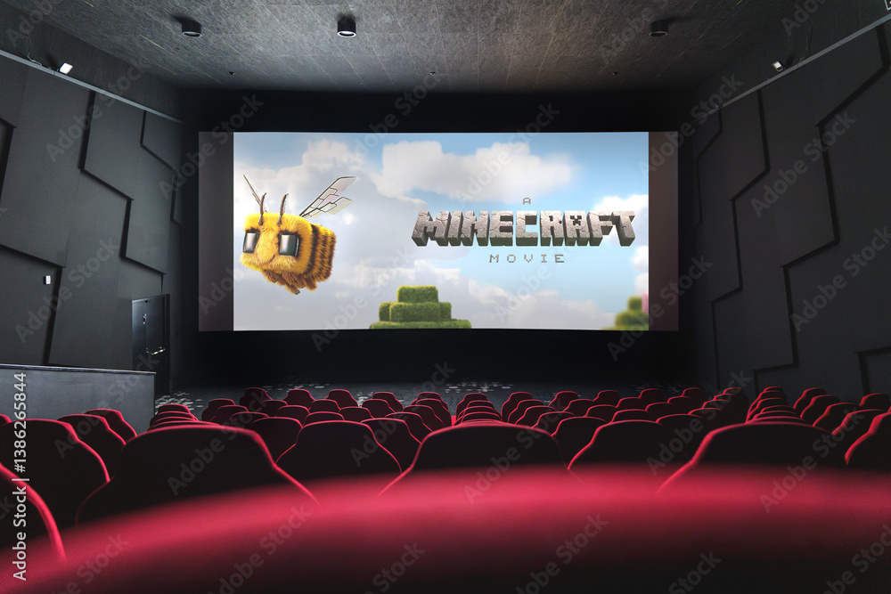 Fototapeta premium Minecraft movie theater screen displaying Minecraft Movie poster, viewed from empty red cinema seats.