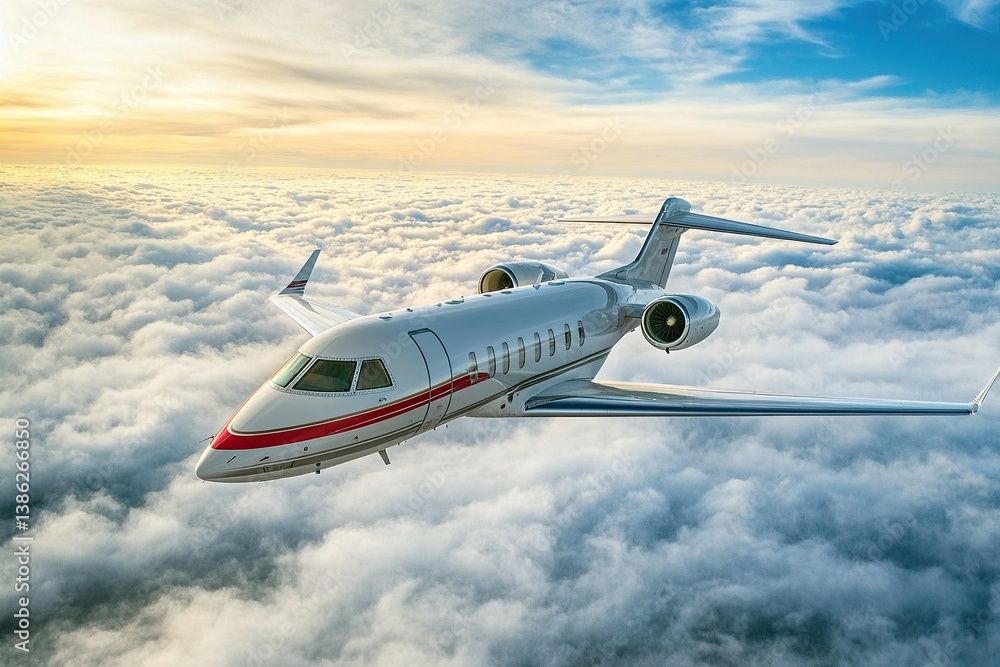 Fototapeta premium Private jet soars above the clouds at sunset.