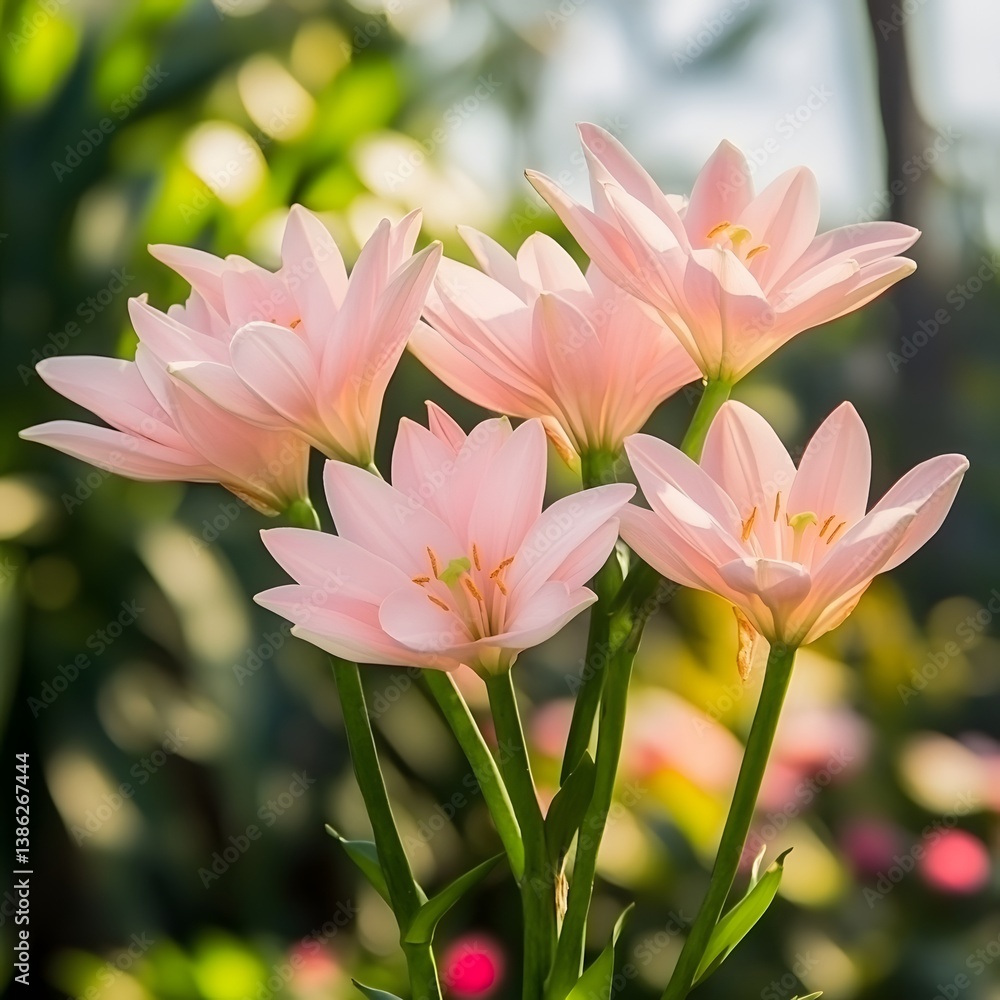 Pink Rain Lilies Blooming in Sunlight Garden Pink Rain Lilies Blooming in Sunlight Garden