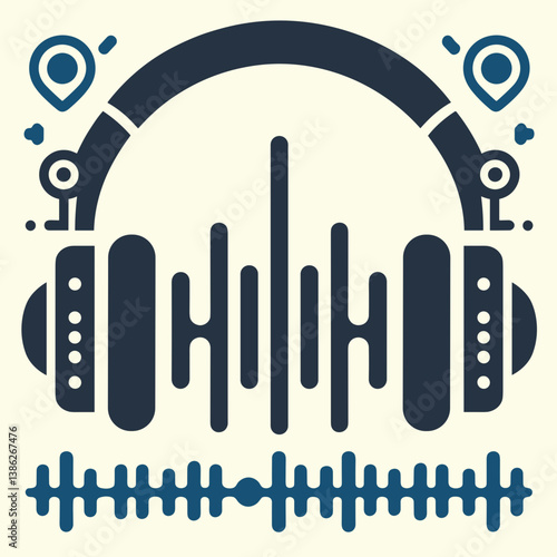 Stylized headphones with sound waves and music symbols in graphic design