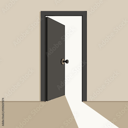 Open door with light shining through on a beige background for opportunity concept
