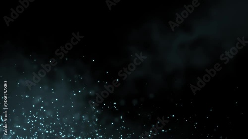 Dark blue eerie particle background. Glowing blue orbs rising and floating from corner of black backdrop. Seamless animation loop good for website or video.