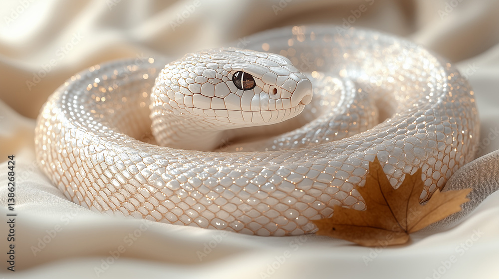 Fototapeta premium Unique white snake rests peacefully on soft fabric with autumn leaf wallpaper, background, generated by AI