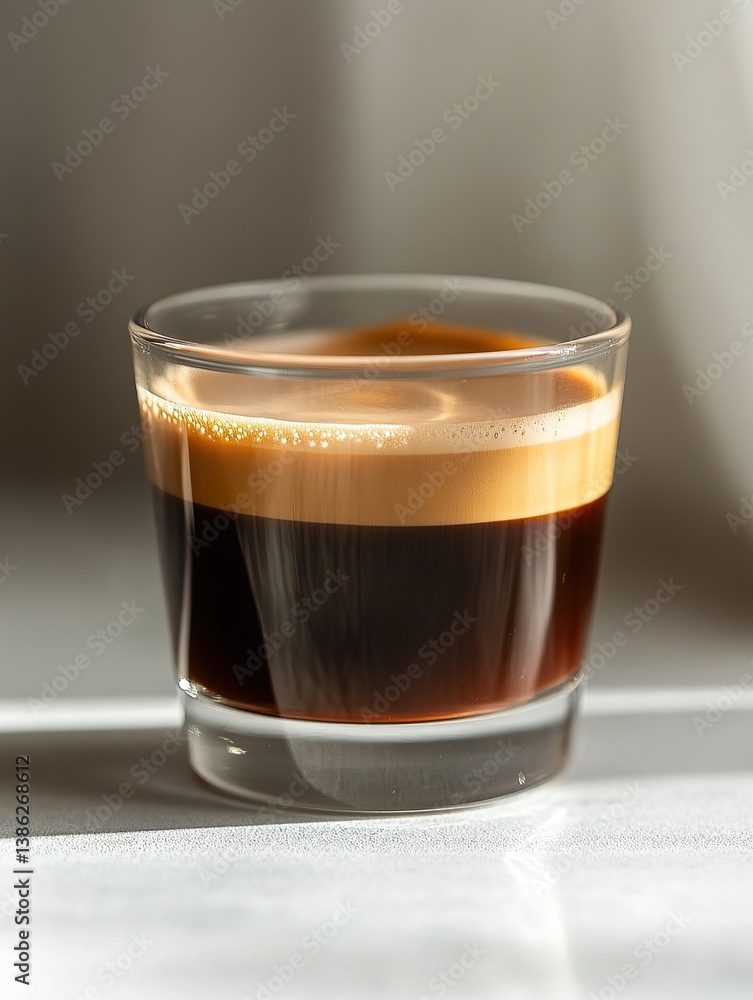 A glass of espresso with crema, sitting on a white surface in natural light, casting soft shadows. A glass of espresso with crema, sitting on a white surface in natural light, casting soft shadows.